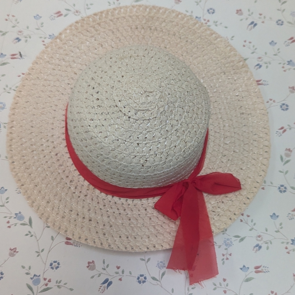Straw Hat Woven Rattan Red Ribbon Thin Lightweight Summer Sun Resort Vacation